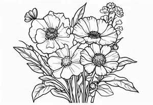 bouquet of forget me not , carnation , and aster flowers with a stem tattoo idea