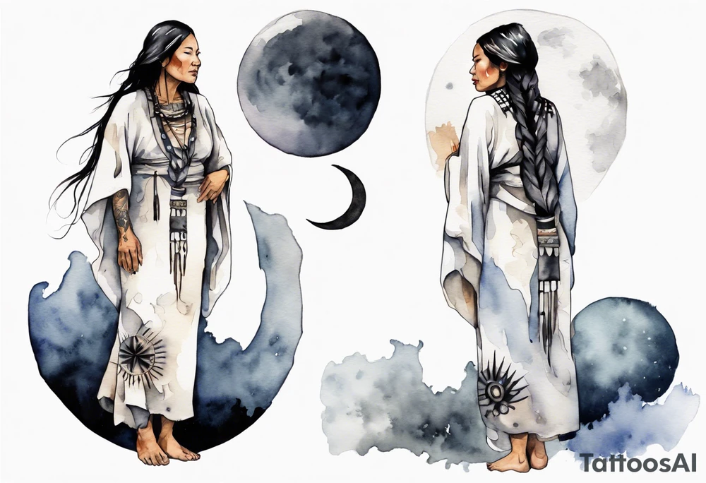 a watercolor of a beautiful 40-year-old Anishinaabe woman wearing black and white robes standing on the moon tattoo idea