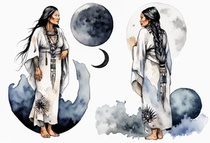 a watercolor of a beautiful 40-year-old Anishinaabe woman wearing black and white robes standing on the moon tattoo idea