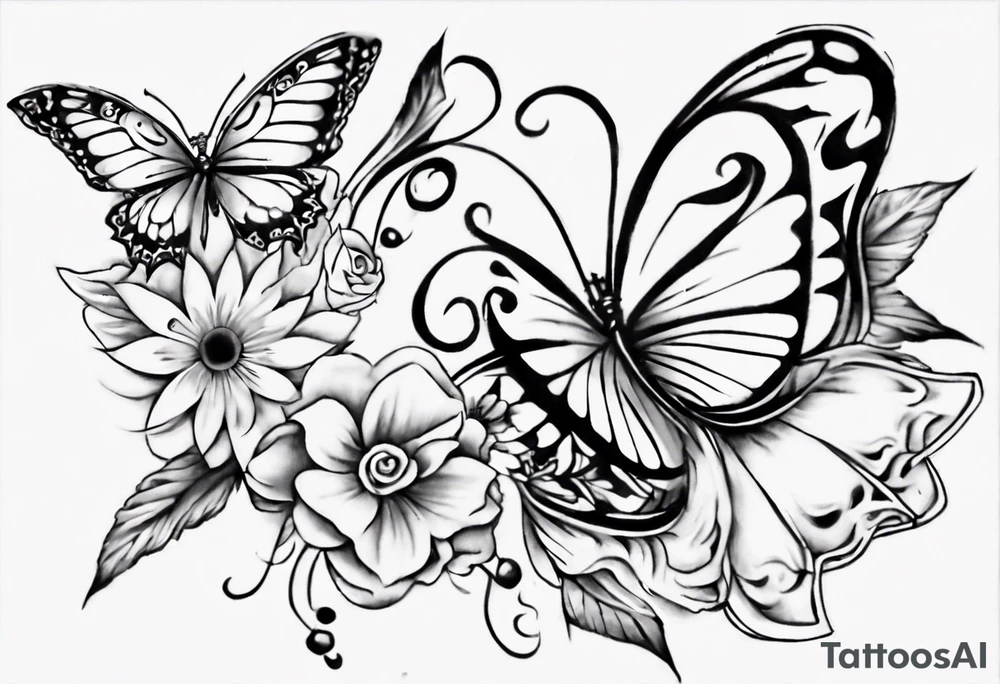 Flower and butterflies thin tattoo which will wrap around ankle horizontally which is larger in the centre tattoo idea