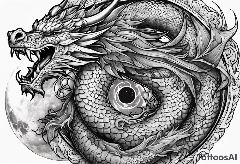 Dragon with Seven number format with full moon on background tattoo idea