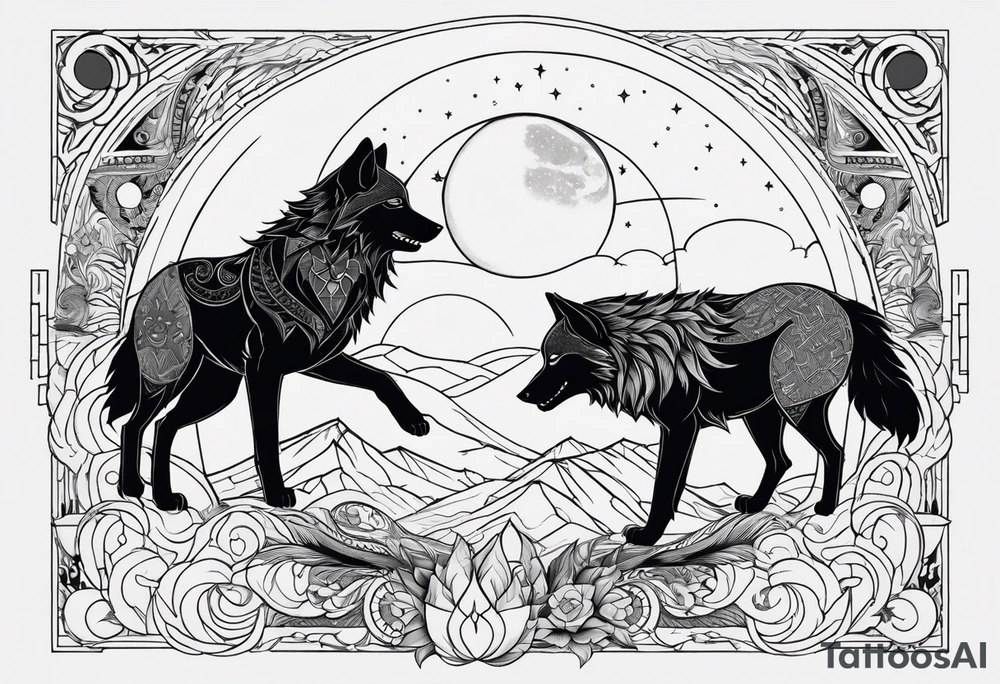 Two wolves—Sköll and Hati—one chasing the sun and the other chasing the moon. You could position them on opposite sides of a circular design with the sun rising and the moon setting at the top and bottom. tattoo idea