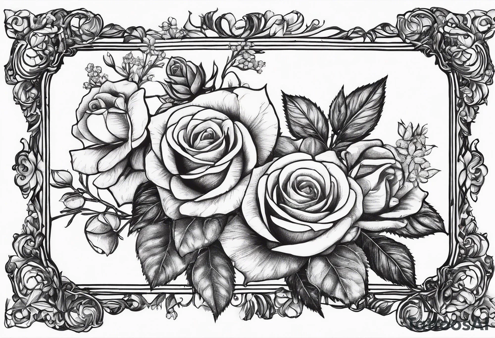 Vintage frame in there are pictures of roses and baby’s breath flowers tattoo idea