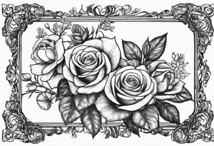 Vintage frame in there are pictures of roses and baby’s breath flowers tattoo idea