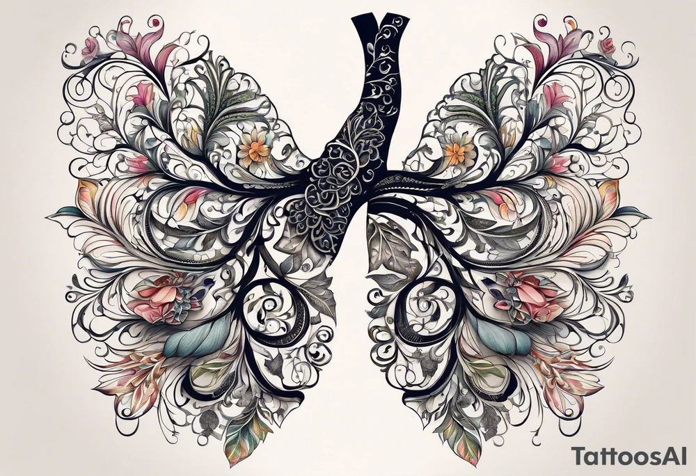 intricate and artistic arrangement of flowers and ornamental patterns that come together to form the shape of human lungs. The design should have a balance of delicacy and detail, with vibrant floral elements seamlessly intertwining to mimic the structure of the lungs, including the bronchi branching into floral motifs. Incorporate subtle shading and depth to give the tattoo a dynamic and organic feel, while maintaining elegance and symmetry, embrace by an octopus and butterflies flying around tattoo idea