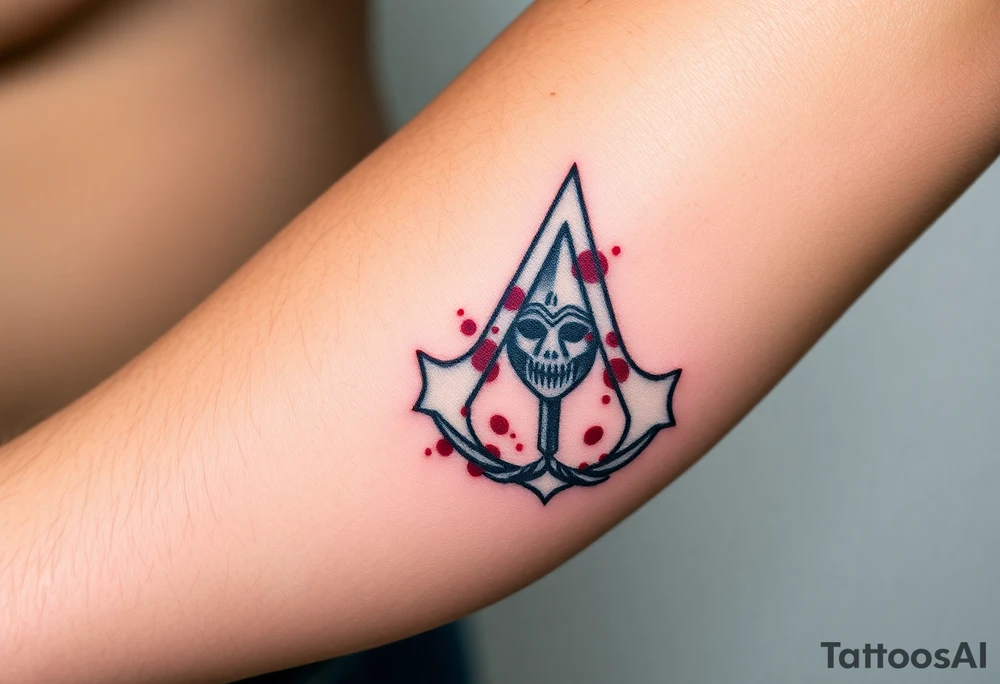 Assassins Creed emblem with gladiator helmet and sword inside and blood splashes incorporated into logo. tattoo idea