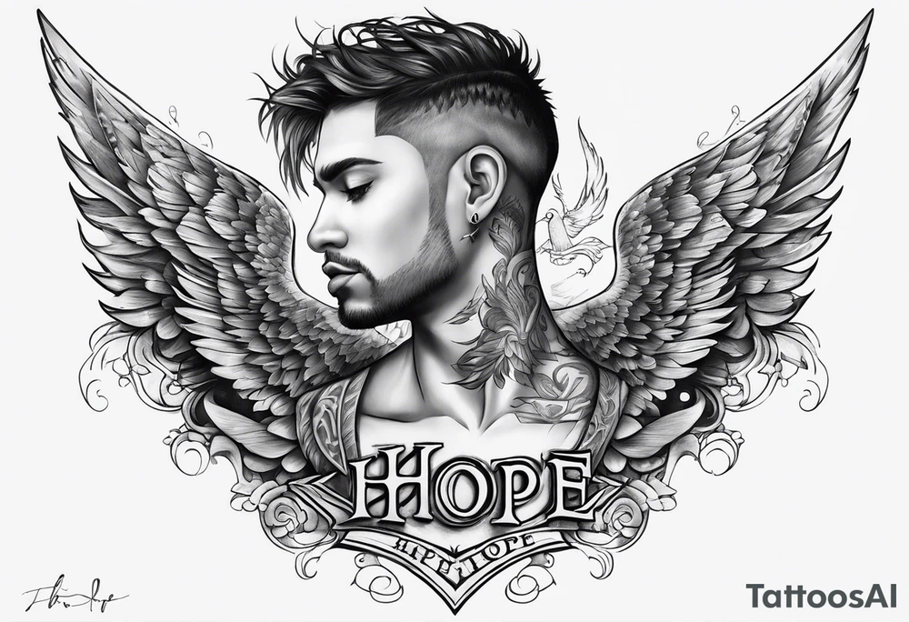 full chest tattoo realistic face and scar with wings on the shoulders and the word "hope" tattoo idea