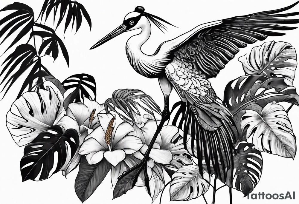 Japanese crane flying through monstera, philodendron pastazanum tattoo idea