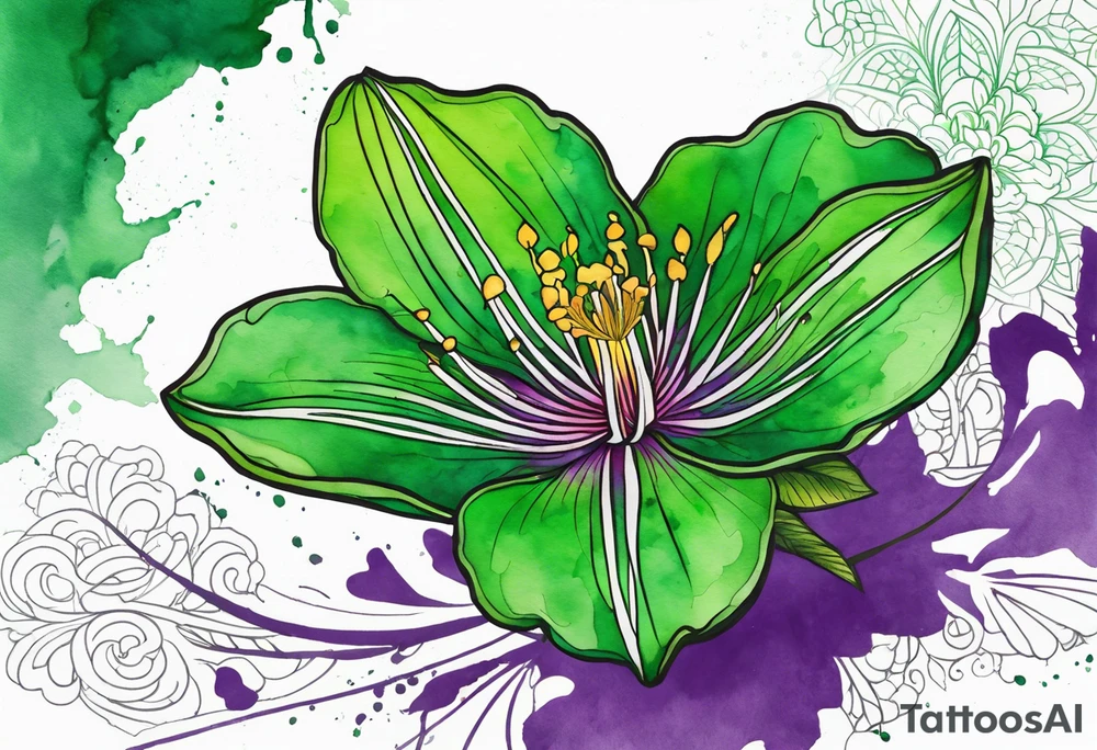 An outline of a green rio dipladenia flower and a green/purple watercolor splatter in the background tattoo idea