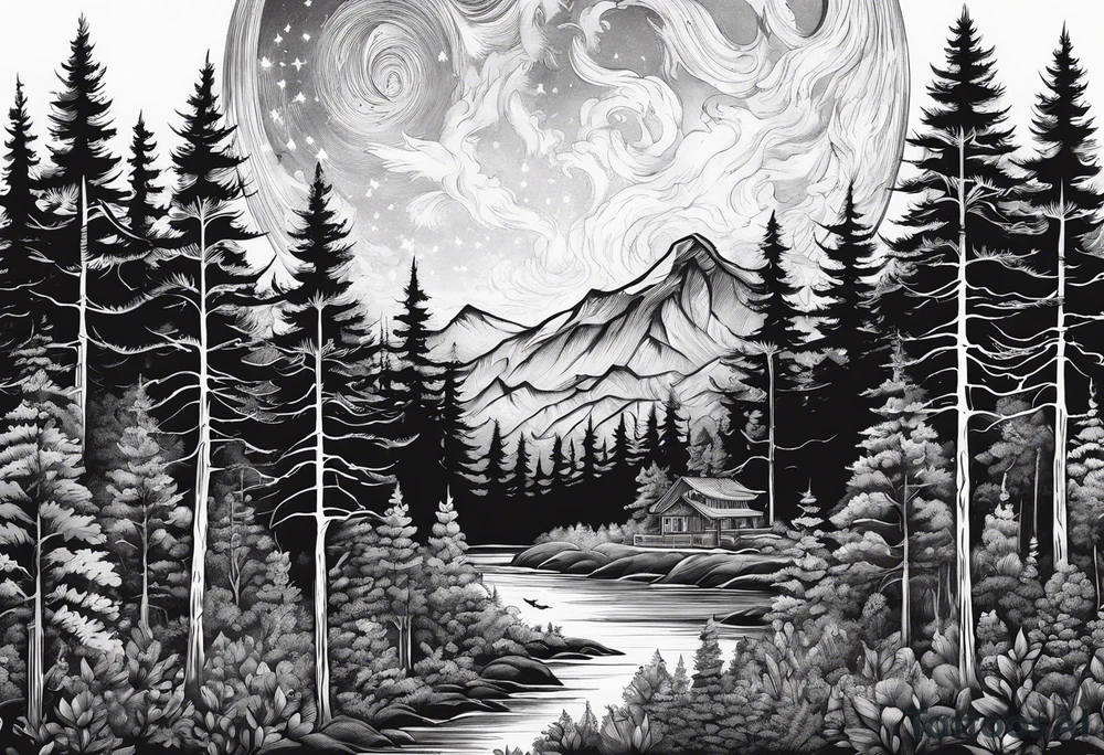 Forest with a rising moon tattoo idea