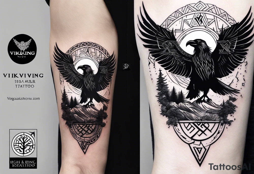 Viking design tattoo to go down the upper arm, so long and thin.
 Vegvisir on top of a raven with its wings outstretched, below it a Viking valknut symbol intertwined beneath it a tree if life design tattoo idea