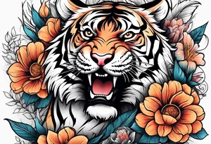 tiger with flowers tattoo idea