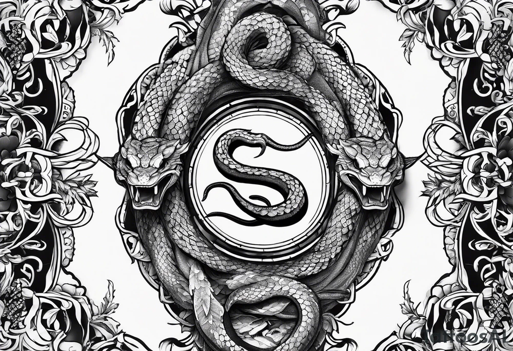 arm sleeve tattoo with a snake, gun, weed symbol that says HYDRA tattoo idea