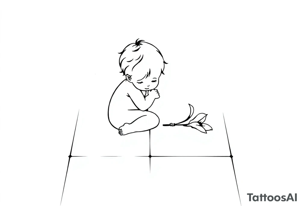 A simple tile floor with a minimalist outline of a curled up child sitting on the floor with a lily next to her tattoo idea