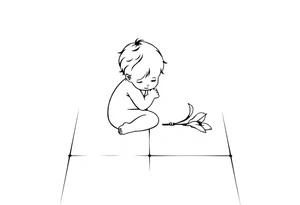 A simple tile floor with a minimalist outline of a curled up child sitting on the floor with a lily next to her tattoo idea