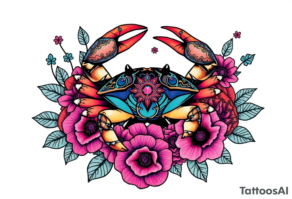 Crab in floral tattoo idea