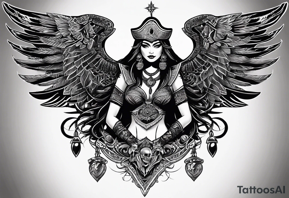 black kali, goddess pirate, alien, pachamama, valkrye, warrior, skull, lotus azul, wing, eagle, zenza resonance, stars, one side chest tattoo idea