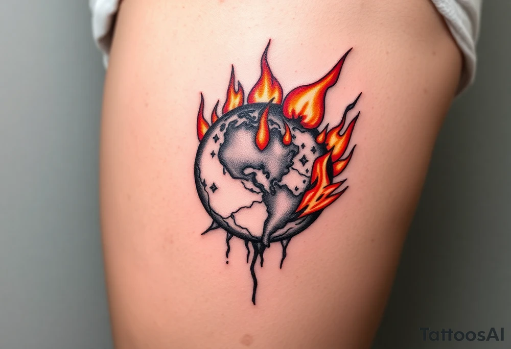 toxic globe on fire tattoo idea