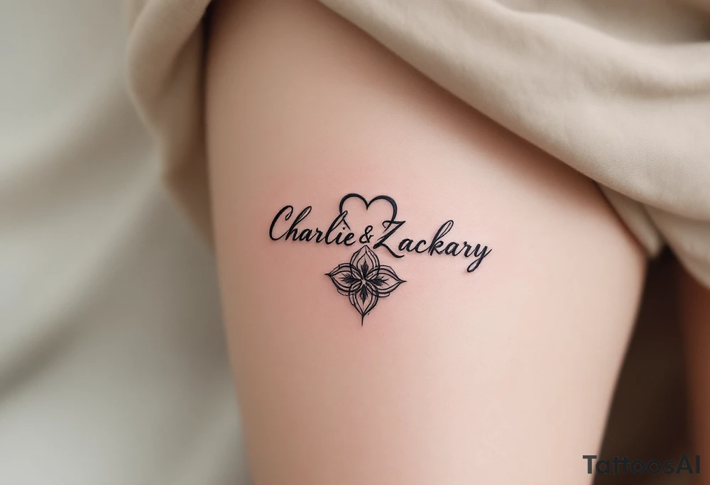 Create a delicate tattoo design that seamlessly integrates the names "Charlie" and "Zackary" in graceful, flowing cursive. Enclose the names within a softly stylized symbol that embodies strength and unity . The overall design should evoke warmth and protection while remaining refined and understated tattoo idea