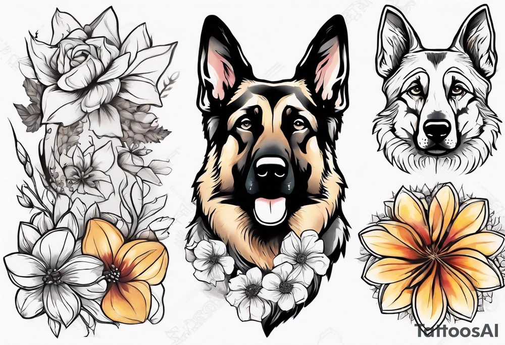 German Shepherd on a flower background tattoo idea