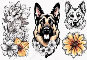German Shepherd on a flower background tattoo idea