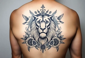 powerful majestic lion with a crown, surrounded by floral ornaments and birds tattoo idea