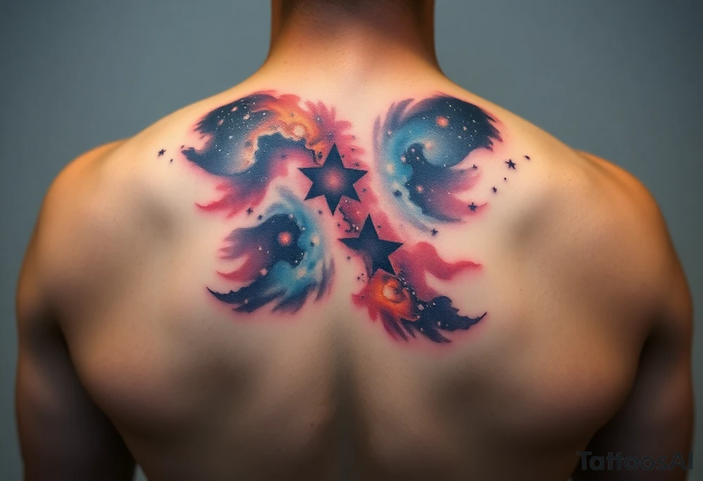 Beautiful and epic 3d milky way that appears to be what is beneath the skin. Make it drape over the shoulder and move to the middle back. use negative spaces to create stars and dust. Incorporate God breathing life into the universe. Keep it symmetrical tattoo idea