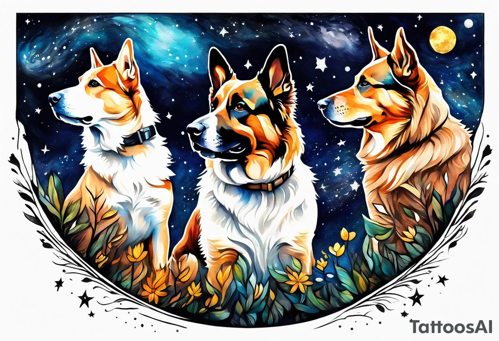 A person and 3 dogs looking up at space tattoo idea