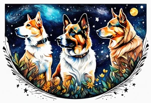 A person and 3 dogs looking up at space tattoo idea