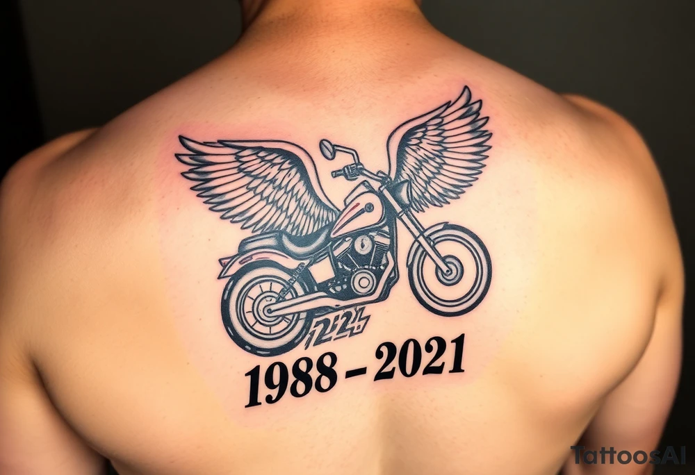 Dale Earnhardt car on it with the year 1958 - 2021 intertwined with a motorcycle on it with guardian angel wolves tattoo idea