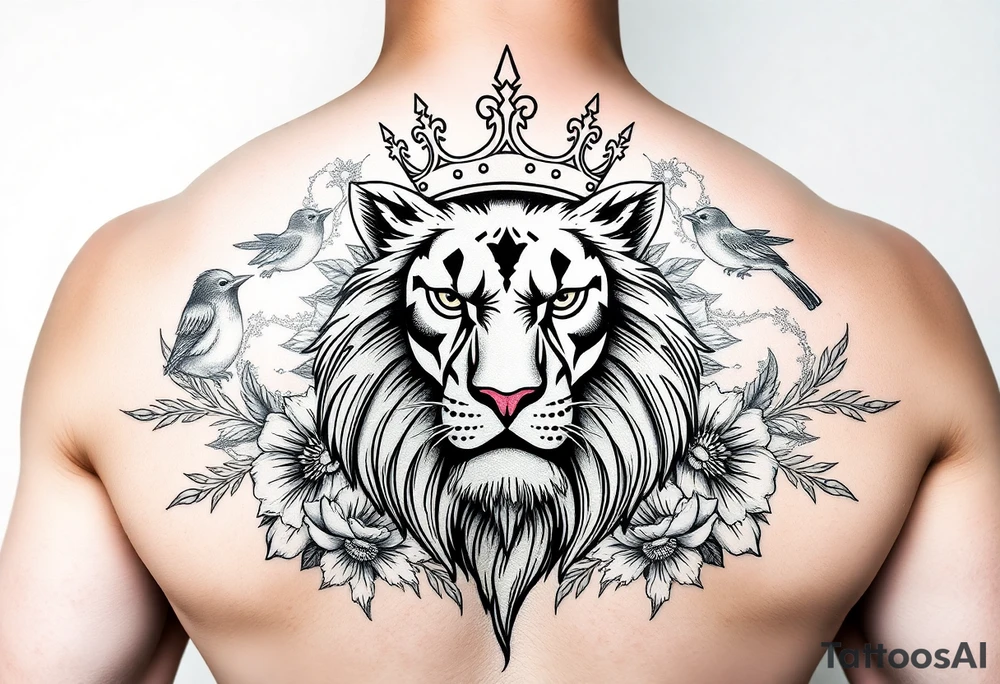 powerful majestic lion with a crown, surrounded by floral ornaments and birds tattoo idea