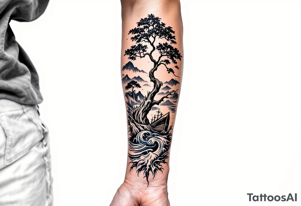 a forearm tattoo that has an acacia tree with mountains, ocean with a ship wreck tattoo idea