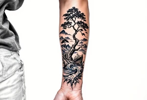 a forearm tattoo that has an acacia tree with mountains, ocean with a ship wreck tattoo idea