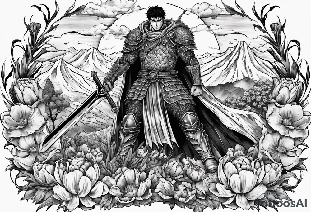 a berserk theme tattoo of guts with his sword on a land of flowers - tulips and peonys tattoo idea