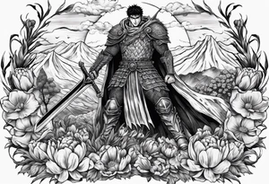 a berserk theme tattoo of guts with his sword on a land of flowers - tulips and peonys tattoo idea