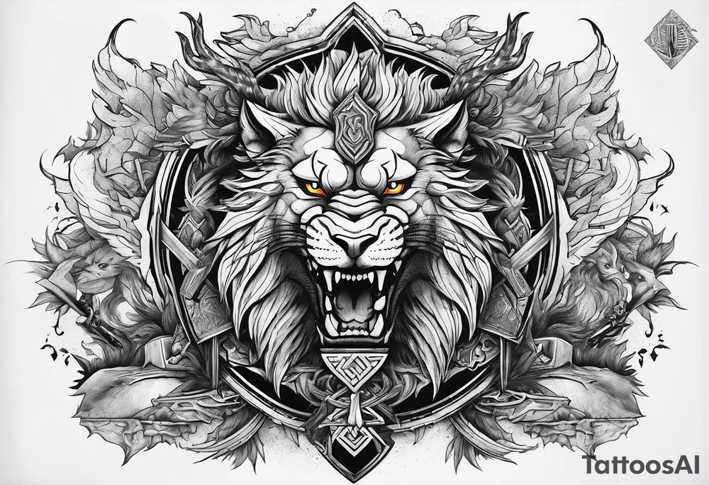 Valhalla sword shield  axe  dragon lion
Valknut  ruins lightnings tattoo idea
