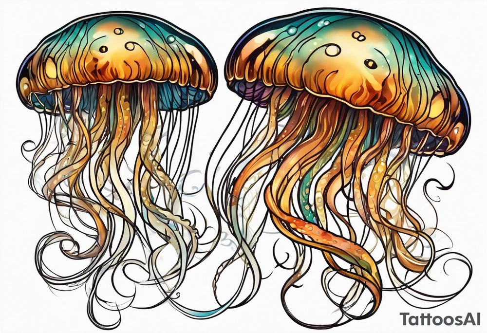 two jellyfish swimming together, one larger than the other, both with long tentacles of varying lengths and design tattoo idea