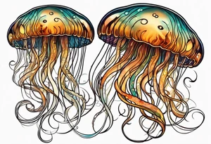 two jellyfish swimming together, one larger than the other, both with long tentacles of varying lengths and design tattoo idea