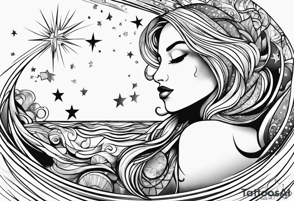 woman in pool reaching to stars tattoo idea