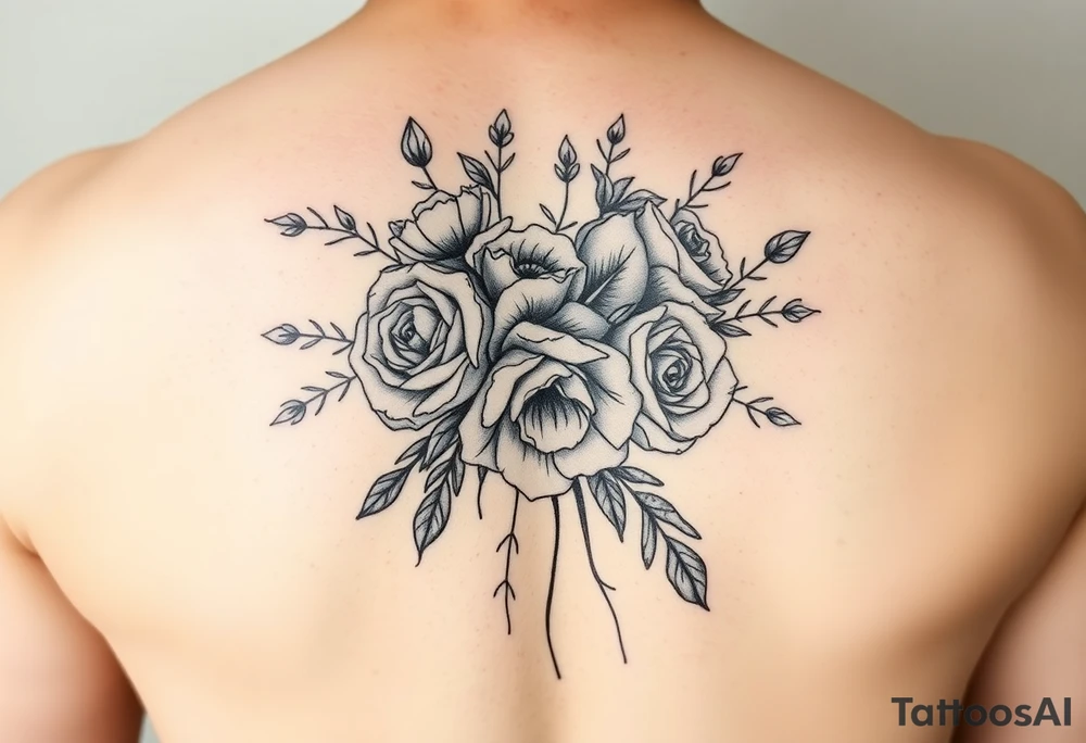 vintage bouquet of wild roses and meadow flowers with morning dew tattoo idea