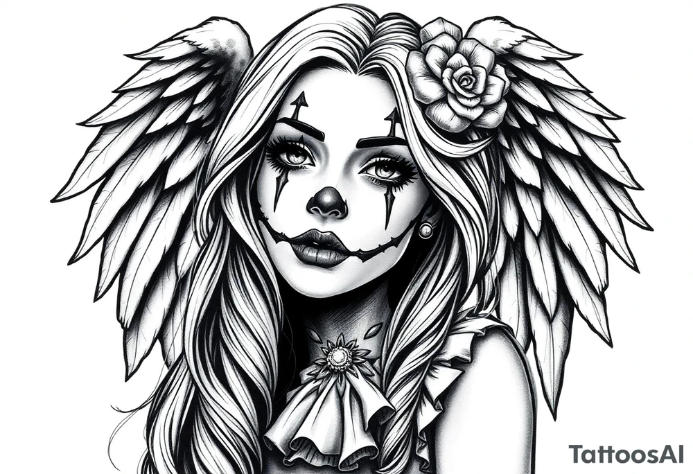 Payasa Clown Girl long hair Angel Wings tattoo idea