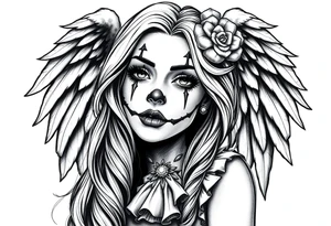 Payasa Clown Girl long hair Angel Wings tattoo idea