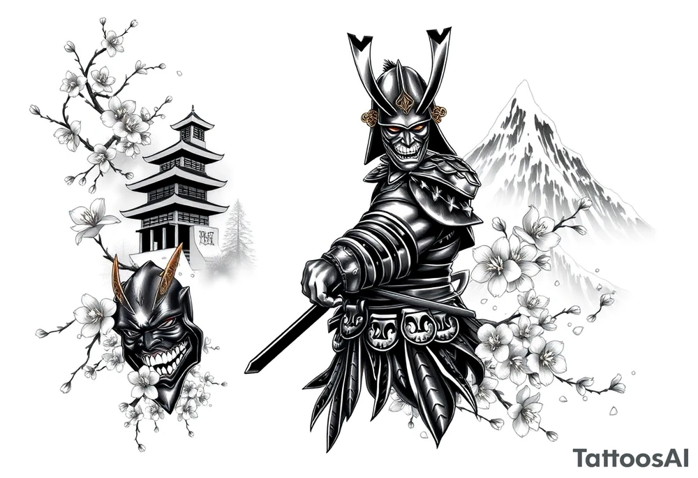 Design a detailed, all-black full arm sleeve tattoo featuring a traditional Japanese theme. The central figure is a fierce, heroic Japanese samurai warrior in full armor, wielding a katana. The samurai is positioned in a dynamic stance, as if preparing for battle, with intricate armor details like gold accents (only hinted in black shading) and ornate plating. Surrounding the samurai, delicate cherry blossoms bloom in full detail, their petals scattered across the sleeve with soft, swirling wind patterns. In the background, traditional Japanese structures, such as a pagoda, are subtly integrated, standing tall against a backdrop of misty, towering mountains that dominate the upper arm and shoulder area.

The sleeve also includes a highly detailed, intimidating Oni mask positioned on the inner forearm. The Oni mask has sharp, exaggerated features with heavy black shading, showing off its menacing grin and fiery eyes. Thin smoke or mist trails from the mask, weaving around the sleeve and merging with the surrounding elements. The overall design flows naturally, with the elements blending into each other seamlessly, using dark, dense shading to create depth and contrast, while maintaining a sense of movement and balance throughout the arm tattoo idea