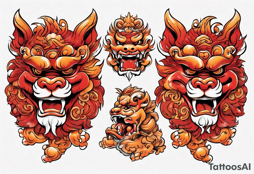 Red and orange Okinawa shisa dogs pair. One with mouth open, one with mouth closed. chest piece tattoo idea