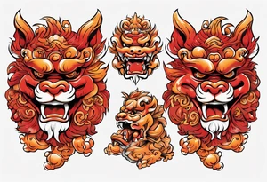 Red and orange Okinawa shisa dogs pair. One with mouth open, one with mouth closed. chest piece tattoo idea