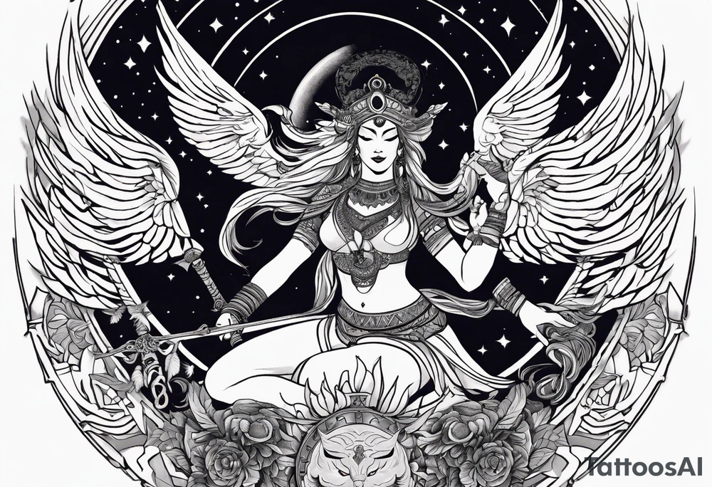black kali, goddess pirate, alien, angel, pachamama, valkrye, warrior, flying, skull, lotus azul, wing, eagle, zenza resonance, stars, 5D, anahata chakra, death, durga, riding on a tiger, flying lady tattoo idea