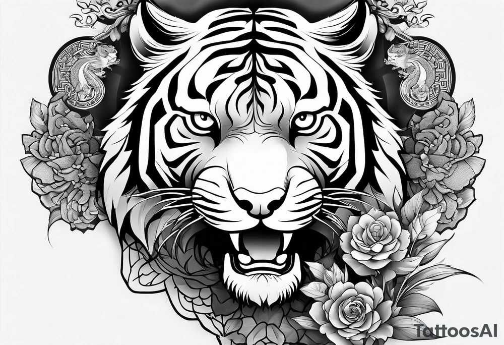 In English:

Create for me a tattoo in the Chinese style featuring a tiger, a rat, a snake, the Great Wall of China, and a temple. tattoo idea