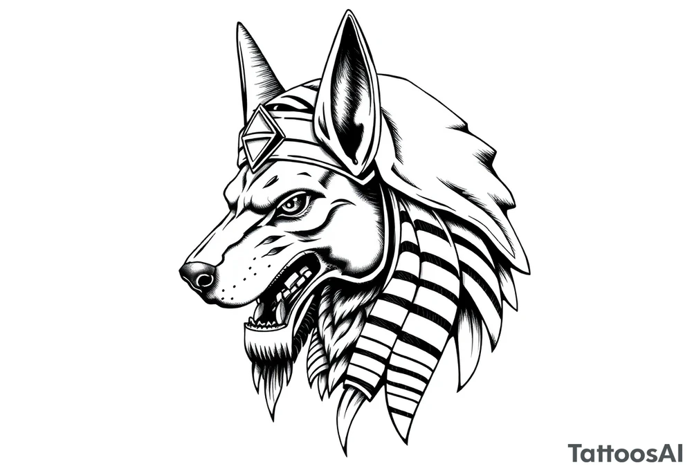 powerful majestic muscle anubis Egyptian god face mix with dog
without eyes with mantle on head tattoo idea