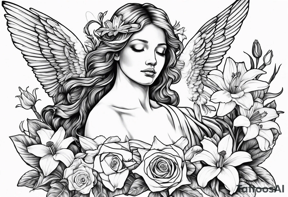 crying angel surrounded by lily, daffodil, rose, daisy, narcissus with a hummingbird tattoo idea