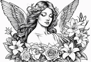 crying angel surrounded by lily, daffodil, rose, daisy, narcissus with a hummingbird tattoo idea